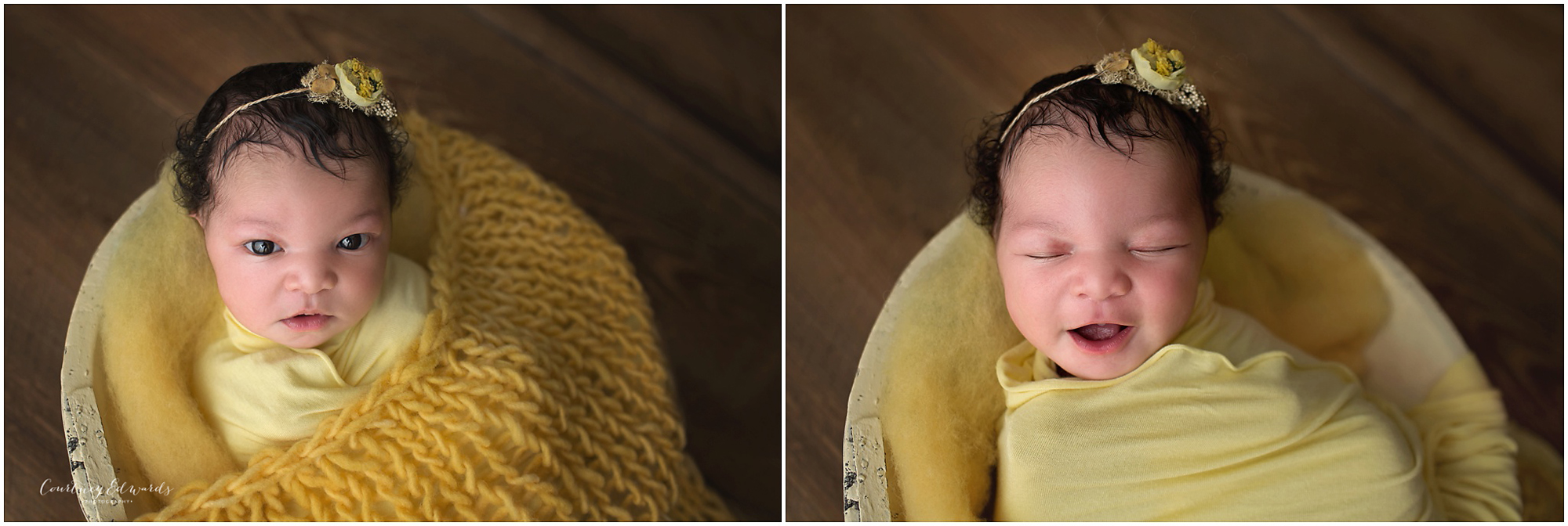 Newborn girl in bow with yellow headband